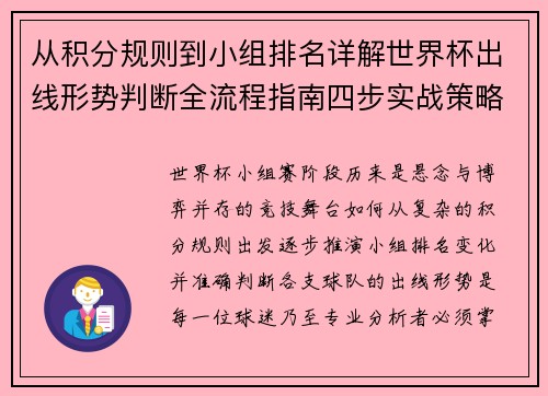 从积分规则到小组排名详解世界杯出线形势判断全流程指南四步实战策略 从积分规则到小组排名详解世界杯出线形势判断全流程指南四步实战策略