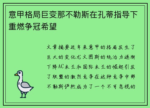 意甲格局巨变那不勒斯在孔蒂指导下重燃争冠希望 意甲格局巨变那不勒斯在孔蒂指导下重燃争冠希望